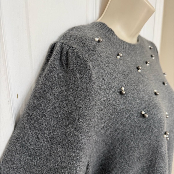 Ann Taylor Factory Pearl Rhinestone Embellished Gray Sweater Petite LP Soft Knit - Picture 6 of 10